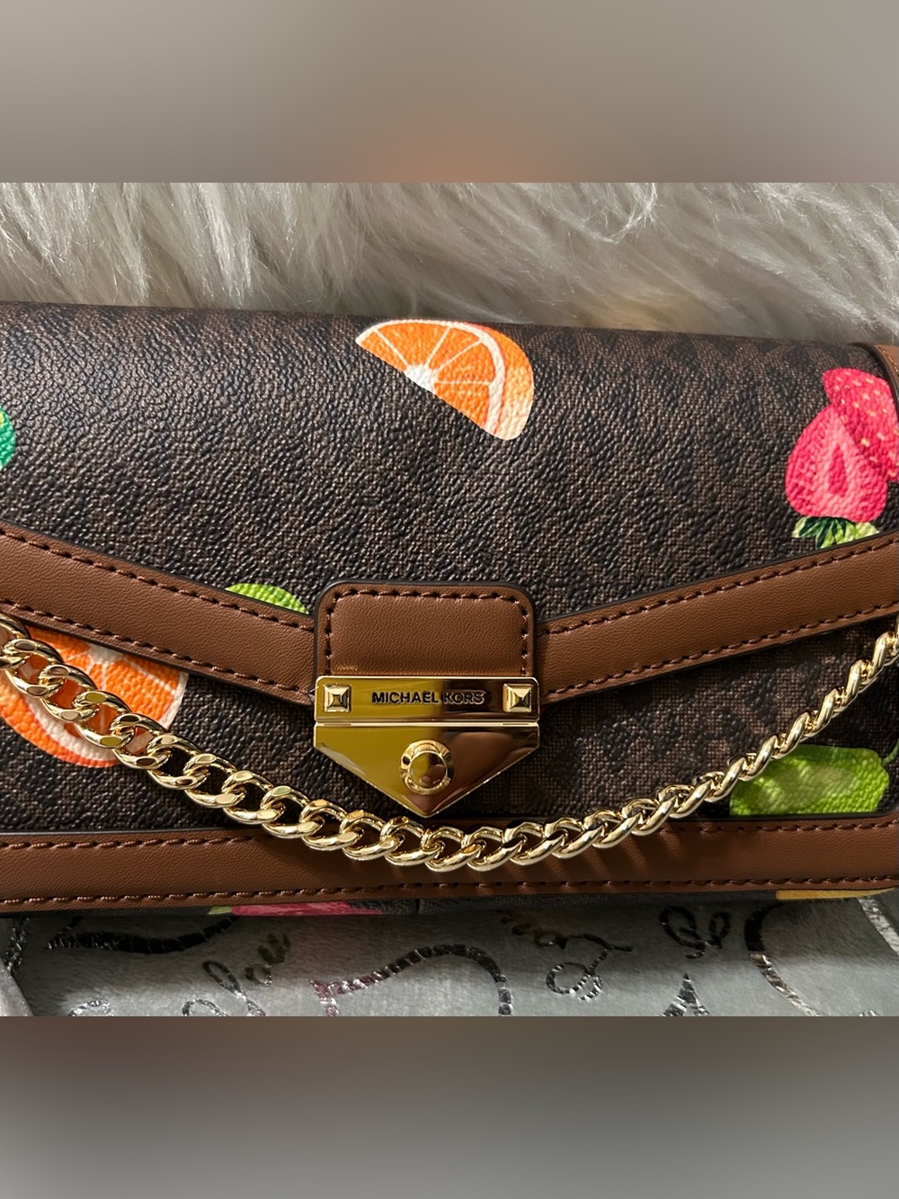 NWT Michael Kors Soho Fruit Printed Signature Logo Convertible Crossbody Brown - Picture 4 of 13